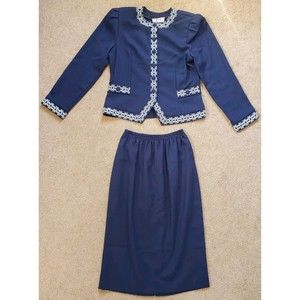 VTG 80s USA Made JF II 2 Piece Skirt Suit Set Embroidered Detail Navy Blue 6P 8P